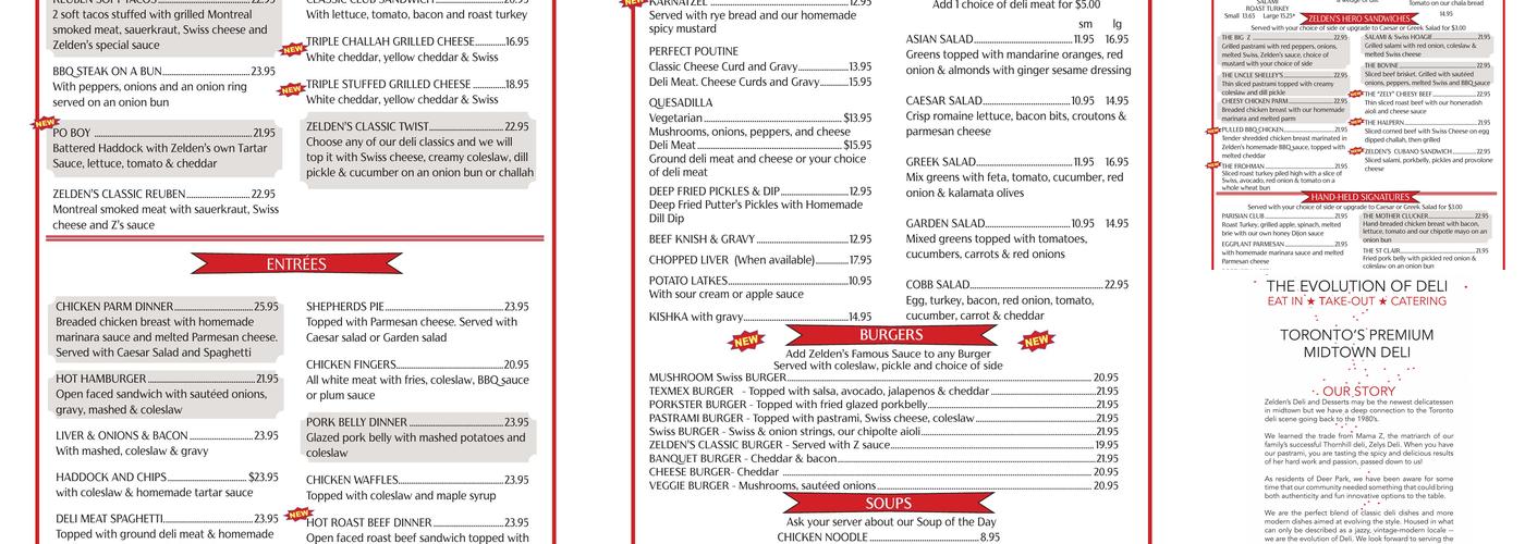 Zelden's Deli and Desserts Menu