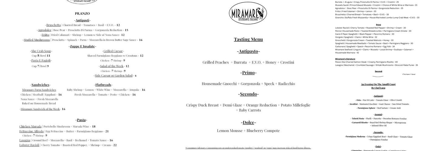 Miramare Italiano Menu
