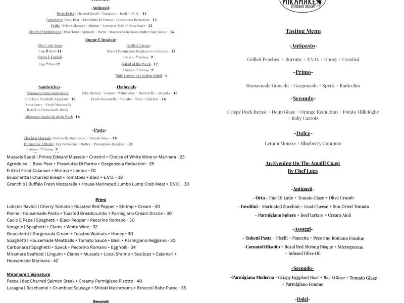 Miramare Italiano Menu
