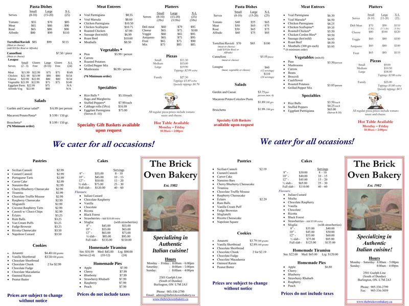 The Brick Oven Bakery Menu