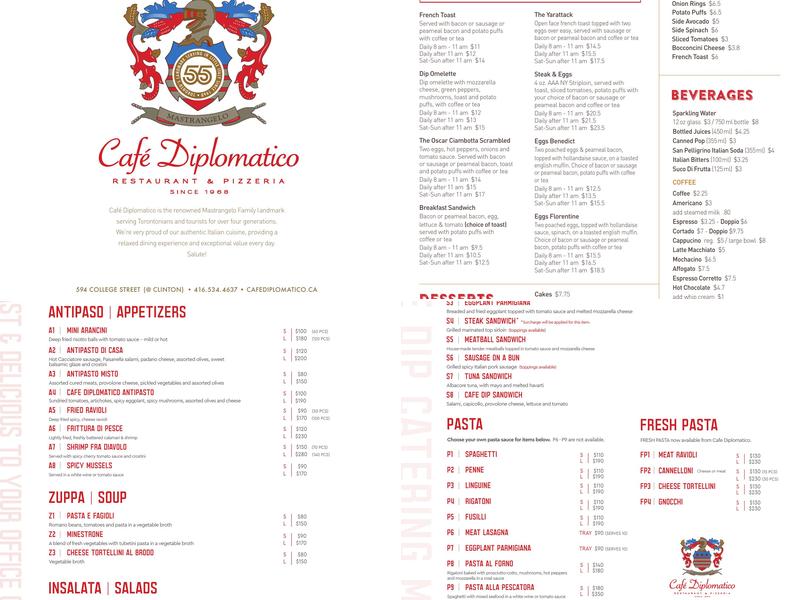 Cafe Diplomatico Restaurant & Pizzeria Menu