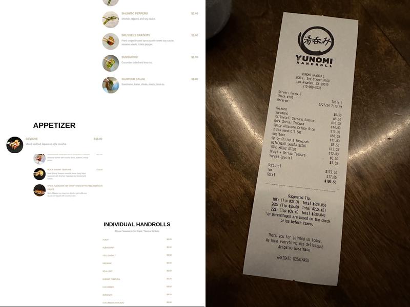 Yunomi Handroll Menu