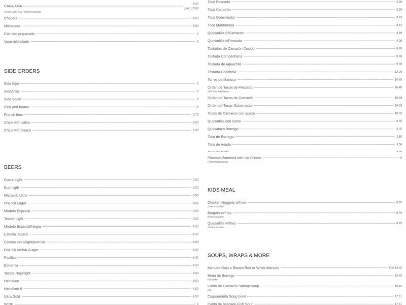 Puerto Nuevo Patio and Grill Menu