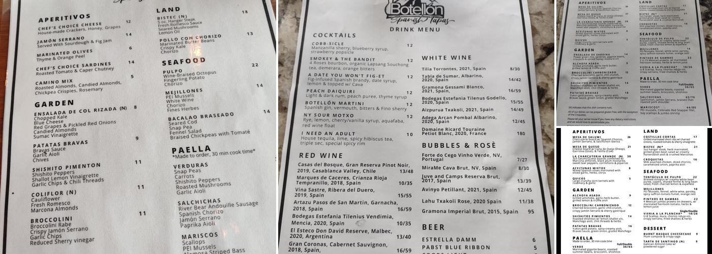 Botellón Spanish Tapas & Wine Menu