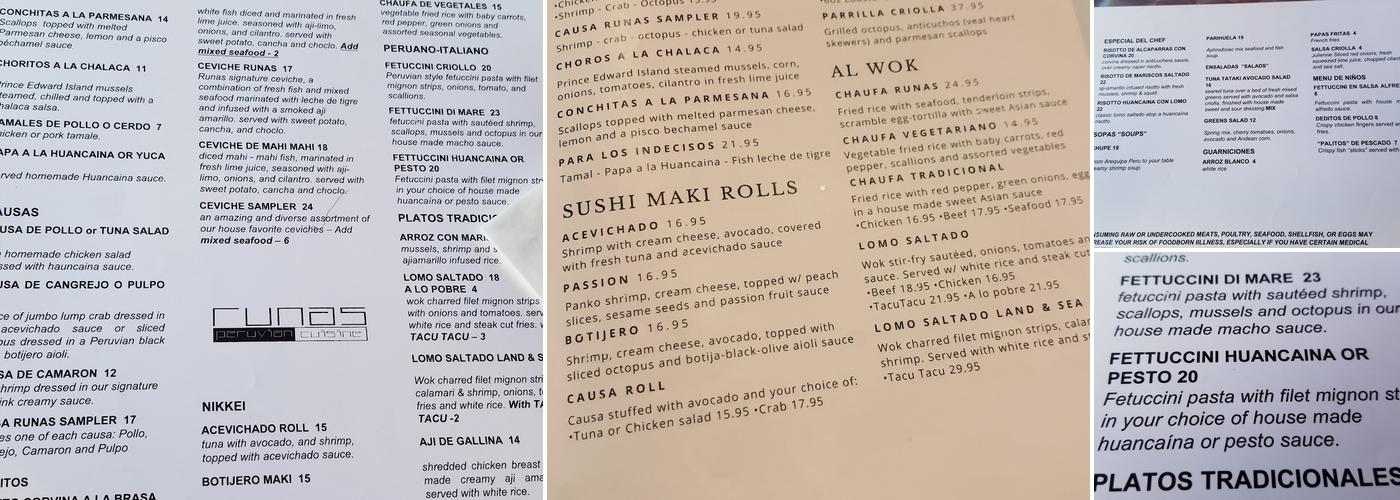 Runas Peruvian Cuisine - Boca Raton Menu