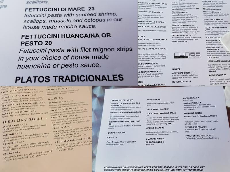 Runas Peruvian Cuisine - Boca Raton Menu