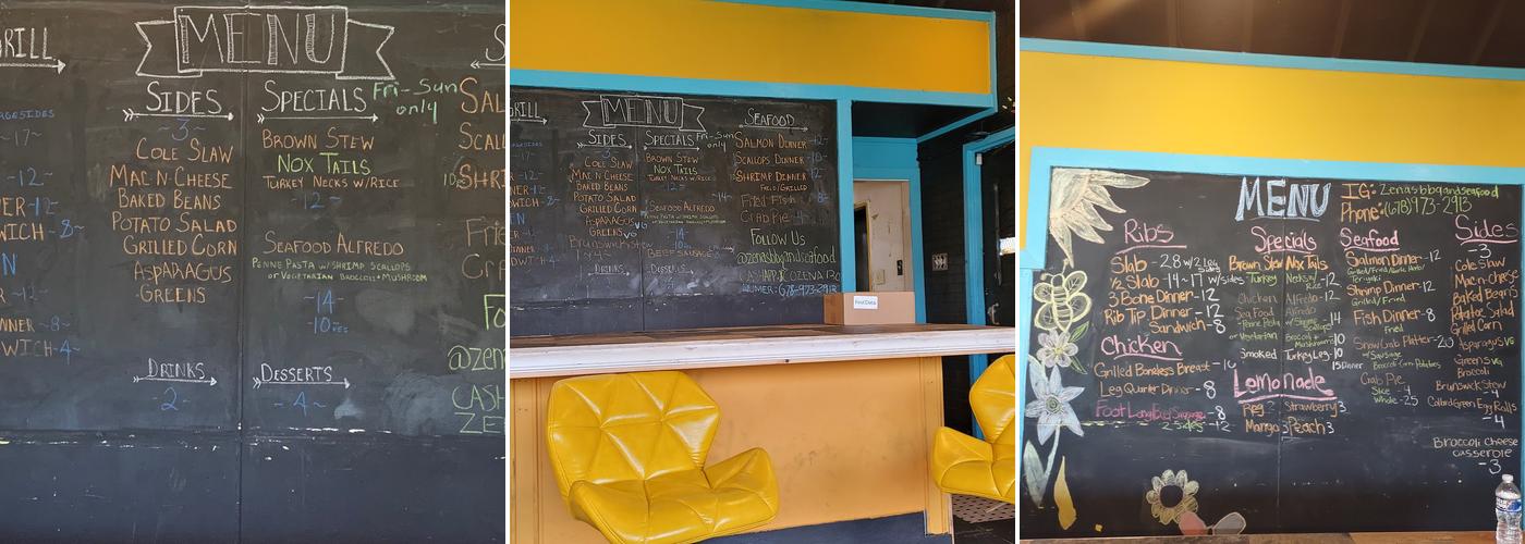 Zena's BBQ and Seafood Joint Menu