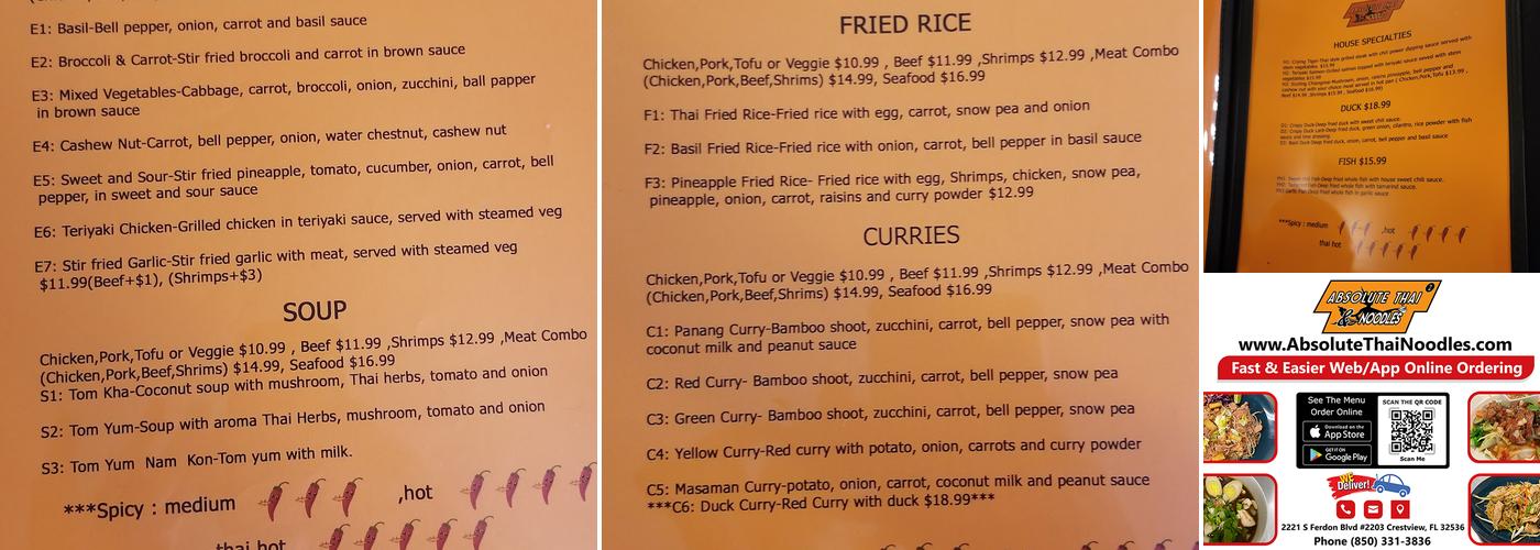 Absolute Thai & Noodles Restaurant (Crestview) Menu