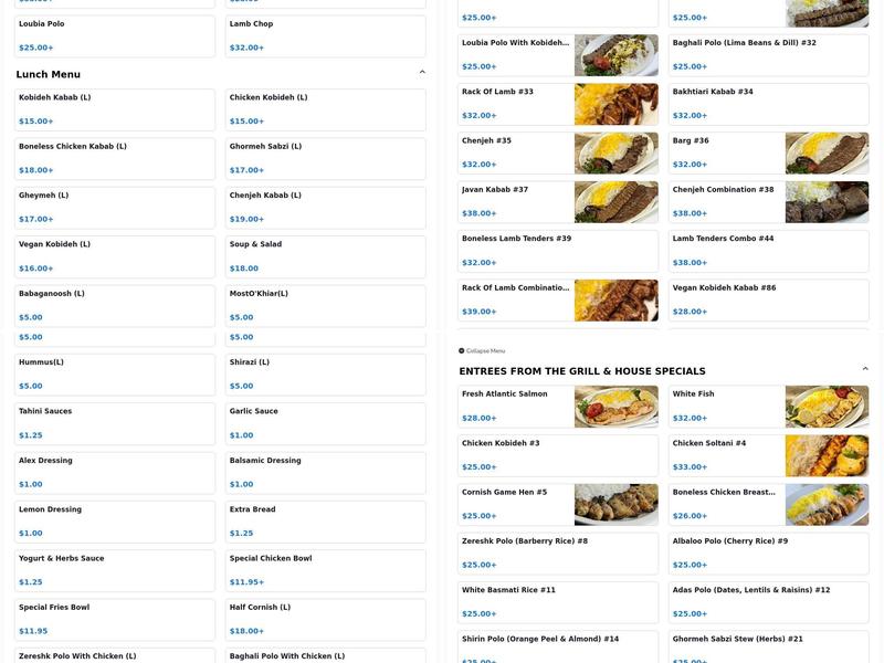 Javan Restaurant Menu