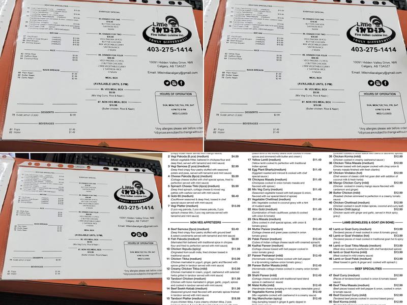 LITTLE INDIA CALGARY in Hidden Valley Menu