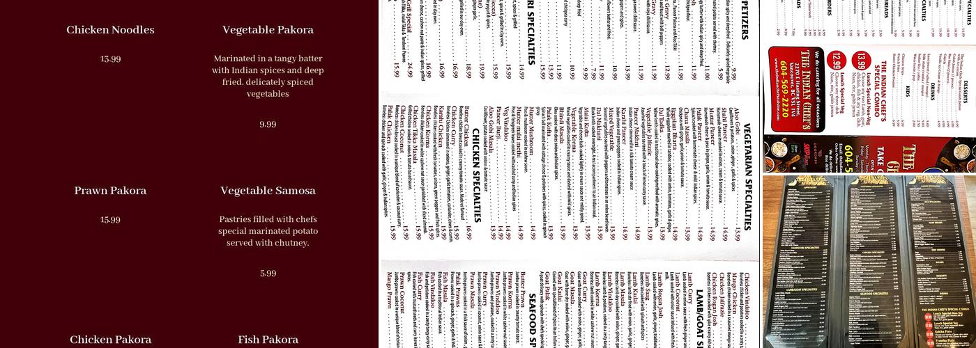 The Indian Chefs Kitchen & Bar Menu