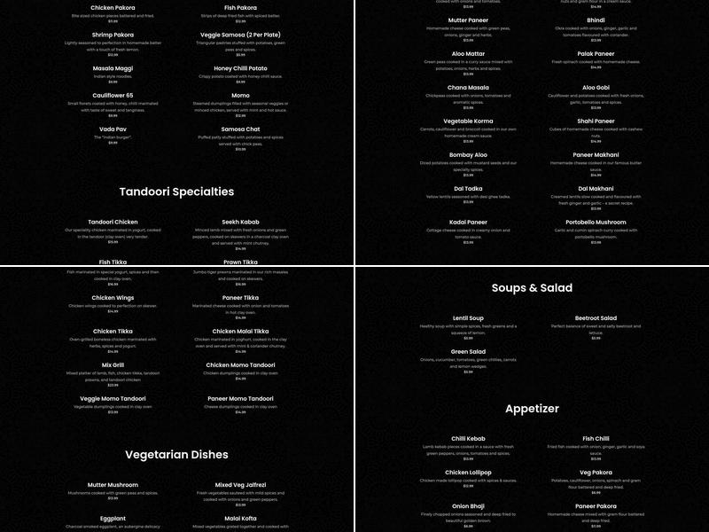 Delhi Fusion Indian Cuisine Menu