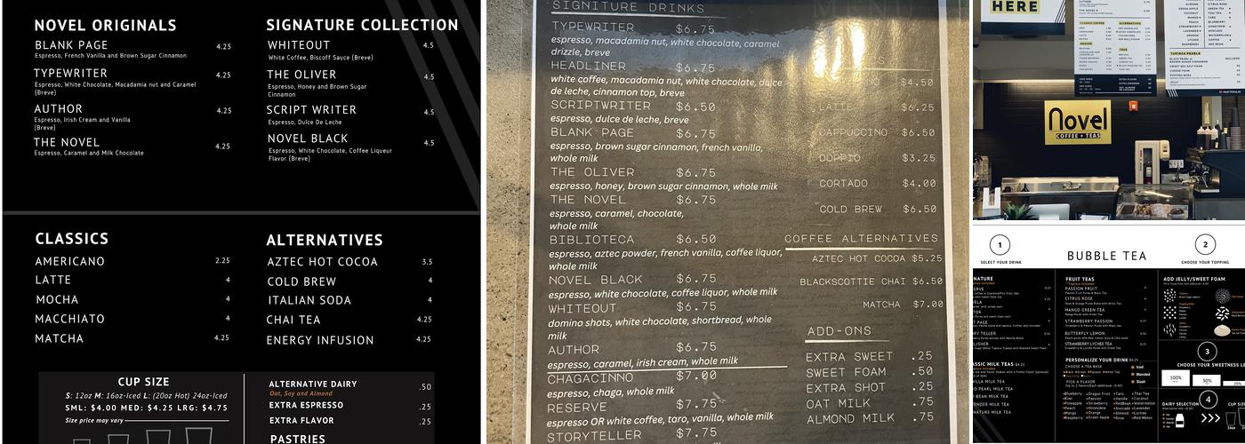Novel Coffee and Teas Menu