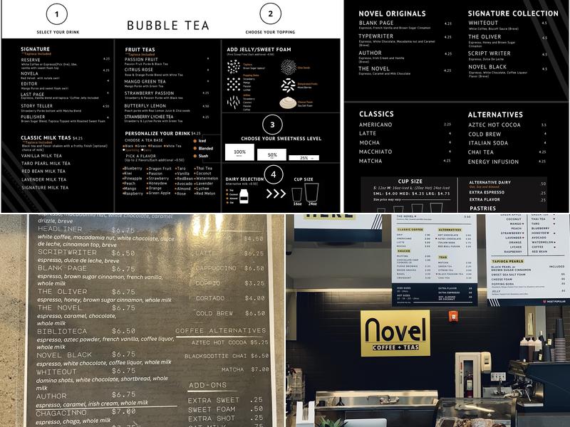 Novel Coffee and Teas Menu