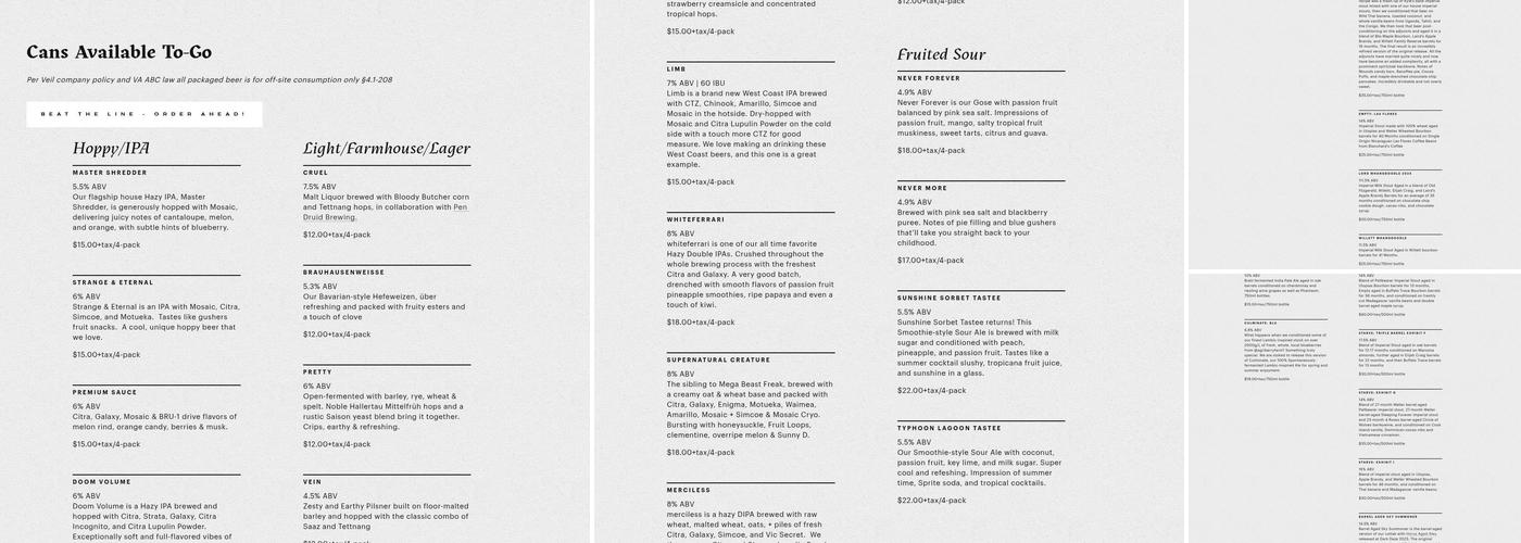 The Veil Brewing Co. - Forest Hill Menu