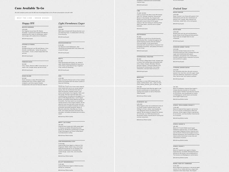 The Veil Brewing Co. - Forest Hill Menu