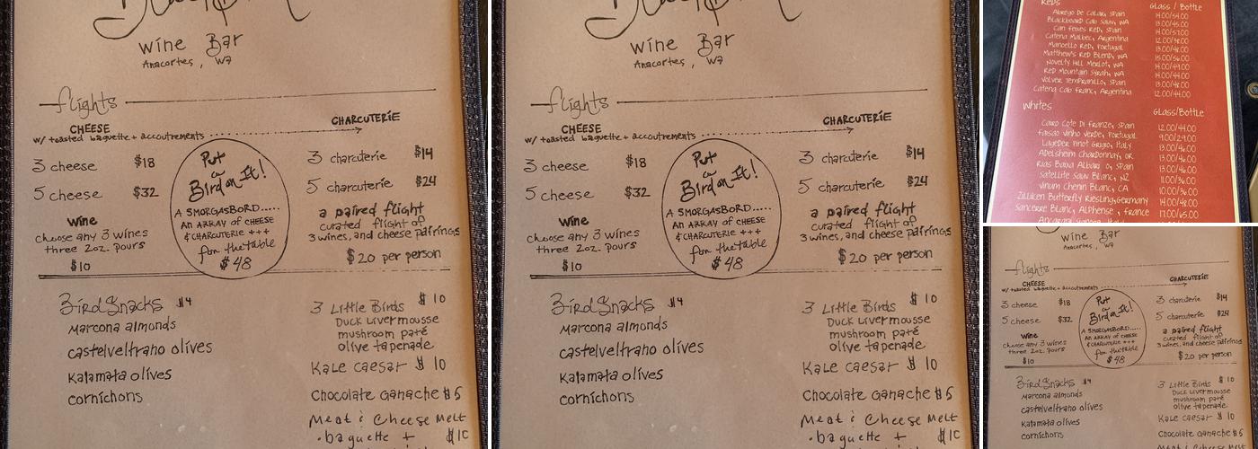Blackbird Wine Bar and Charcuterie Menu