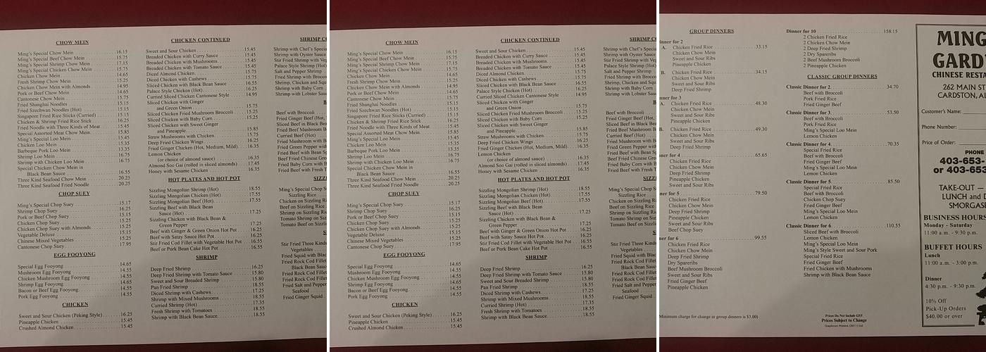 Mings Gardens Menu