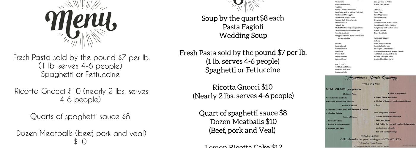 Alessandro's Pasta Company Menu