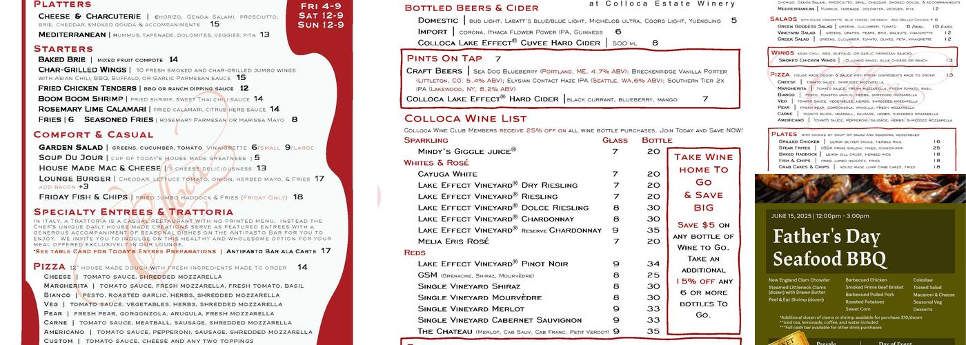 The Lounge at Colloca Estate Winery Menu