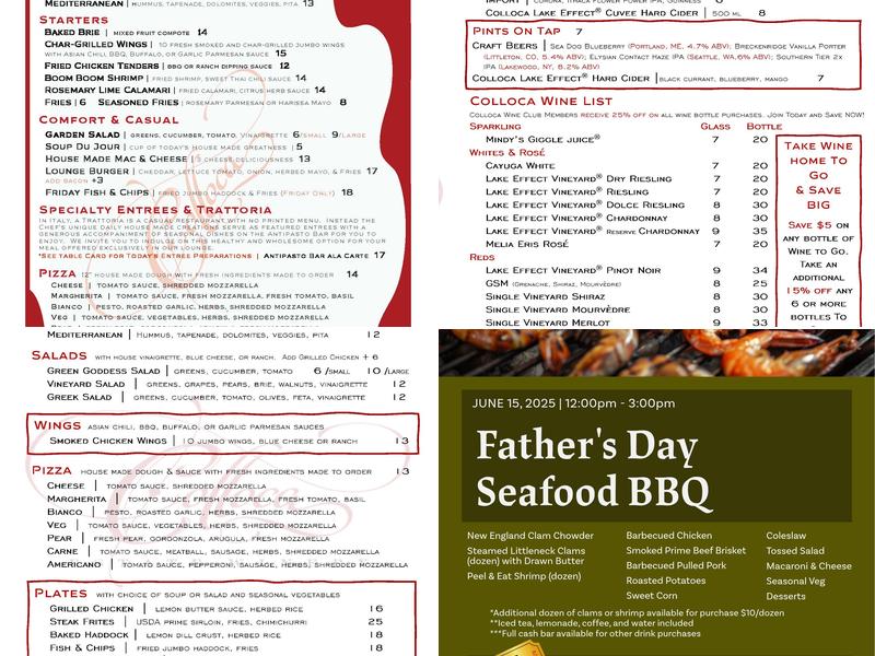 The Lounge at Colloca Estate Winery Menu