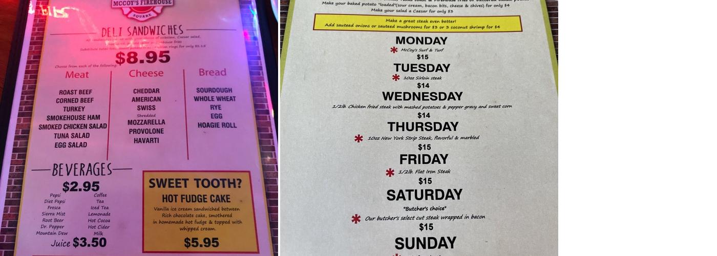 Barney McCoy's Buffet Menu