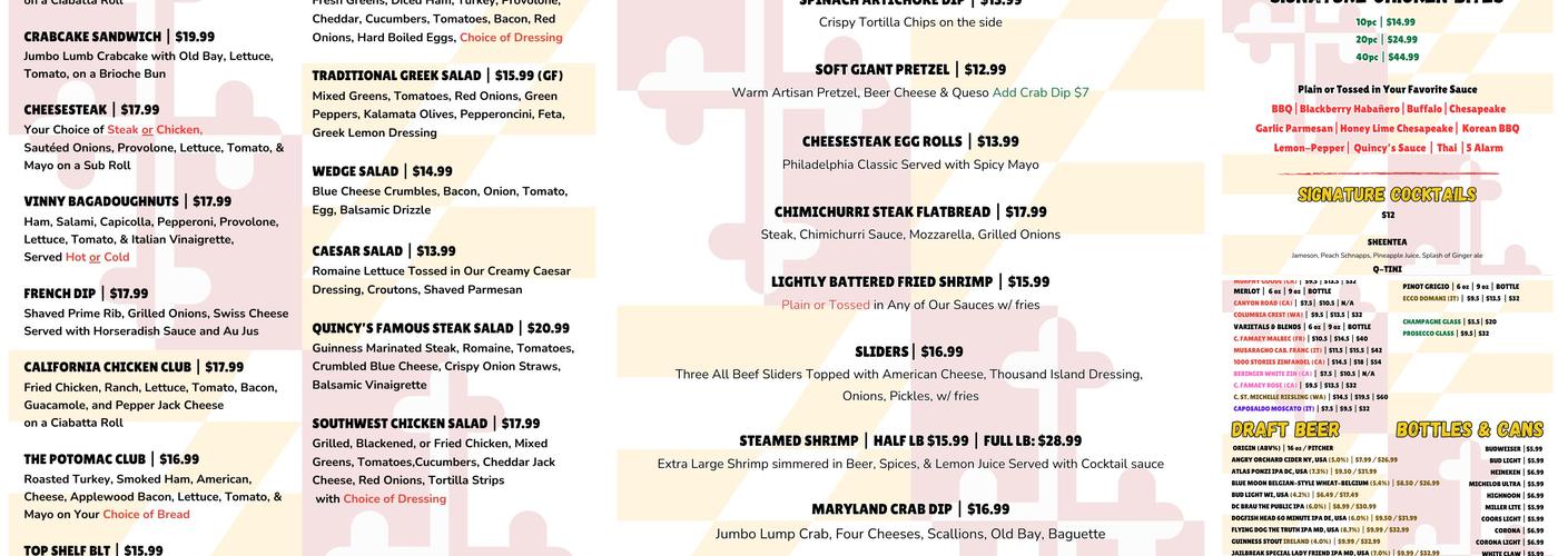 Quincy’s Potomac Bar & Grille Menu