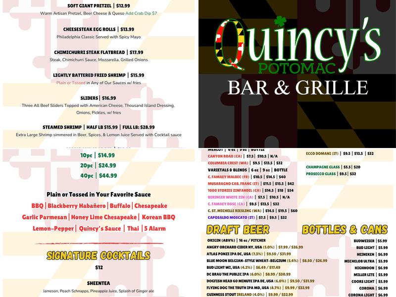 Quincy’s Potomac Bar & Grille Menu