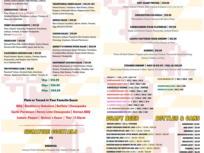 Quincy’s Potomac Bar & Grille Menu