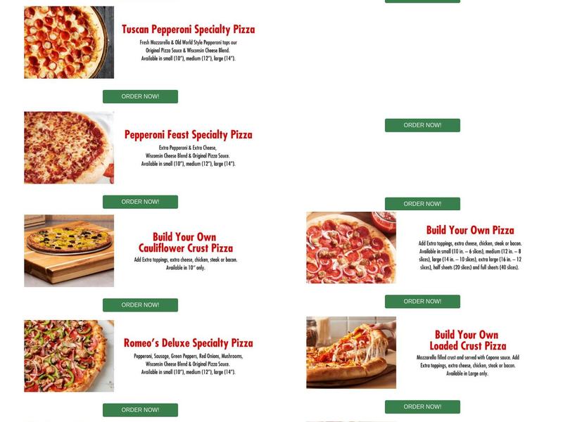 Romeo's Pizza Menu