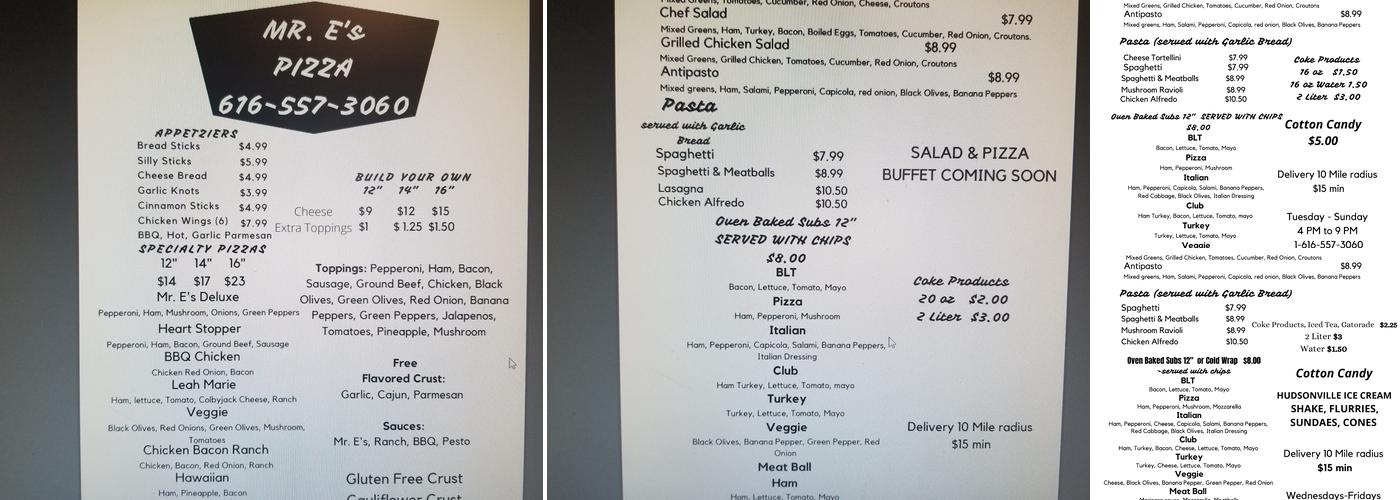 Mr.E's Pizza Menu