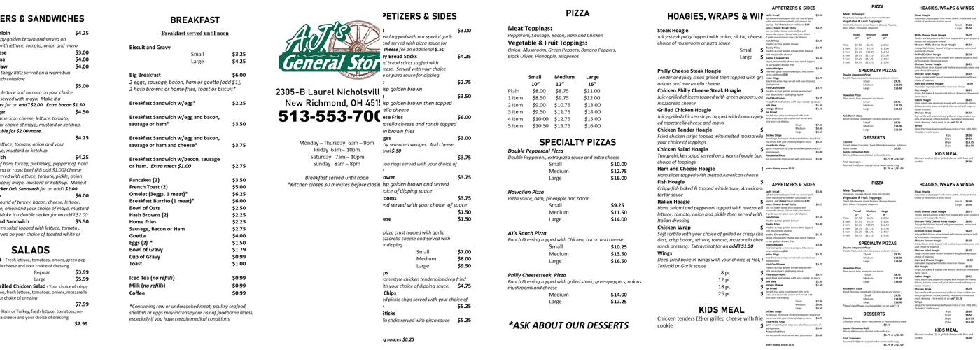 AJ's General Store Menu