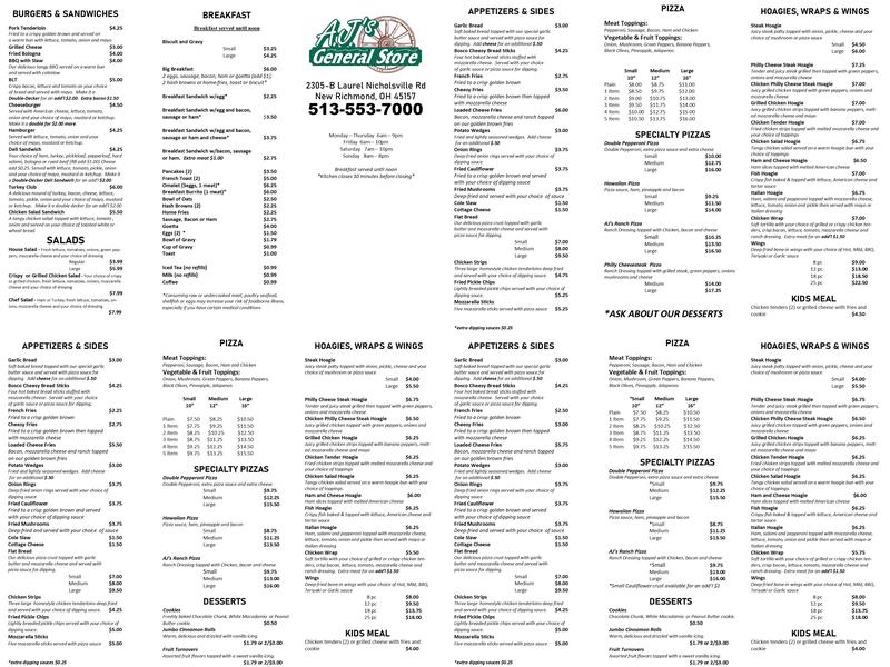 AJ's General Store Menu
