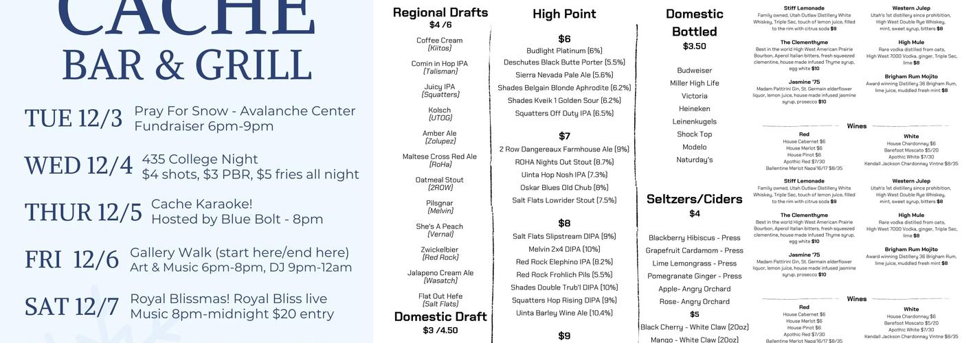 The Cache Bar and Grill Menu