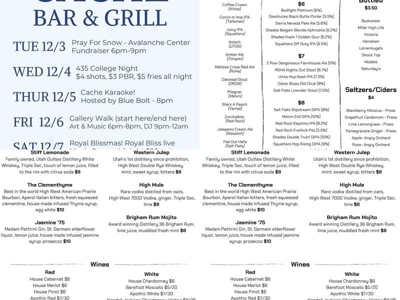 The Cache Bar and Grill Menu