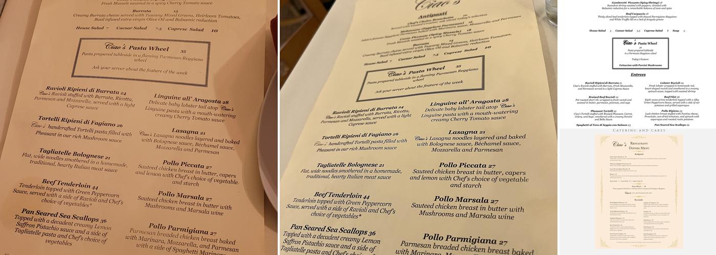 Ciao's Menu