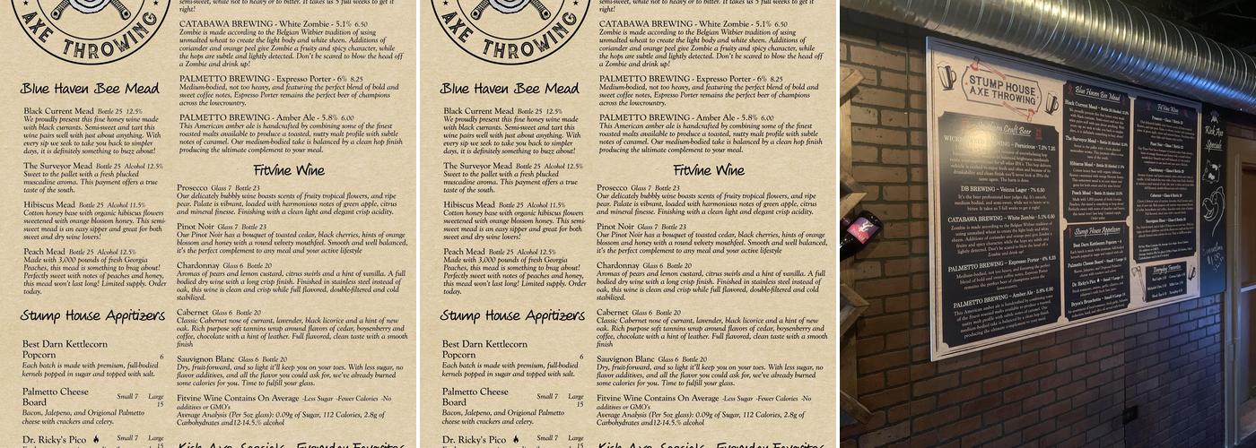 Stump House Axe Throwing Menu