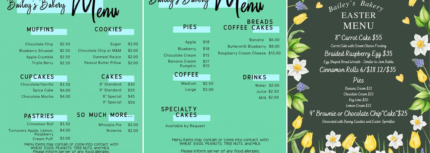 Bailey's Bakery Menu