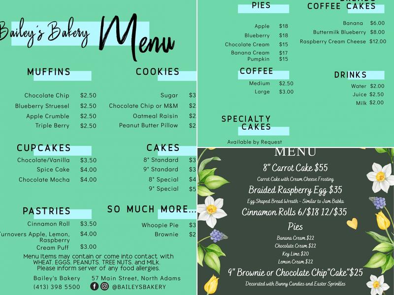 Bailey's Bakery Menu