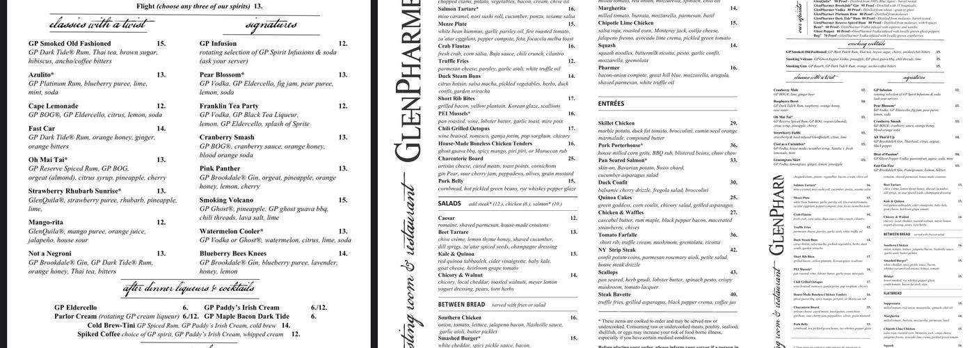 GlenPharmer Distillery Menu