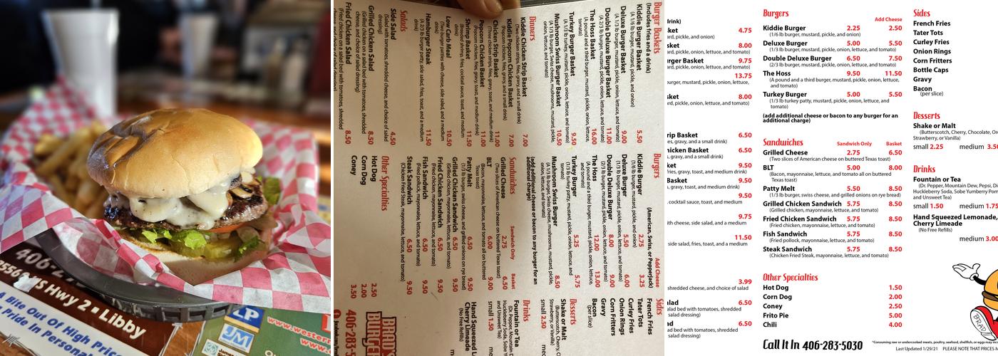 Brad’s Burgers Menu