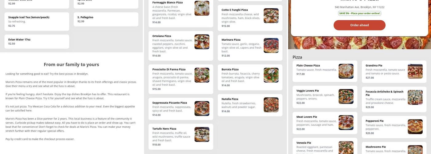 Mario's Pizza Menu