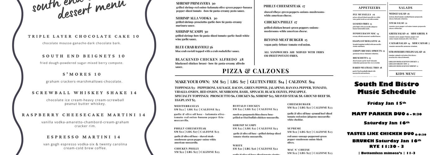 South End Bistro Menu