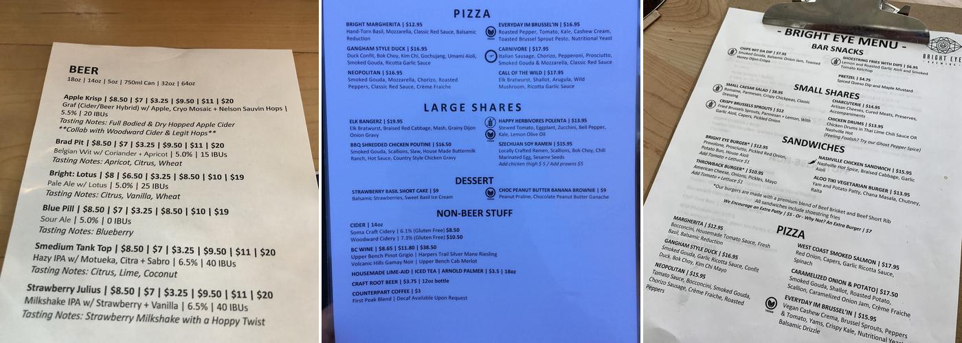 Bright Eye Brewing Menu