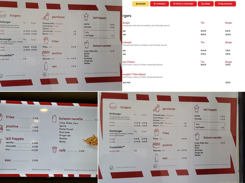 Uniburger Menu