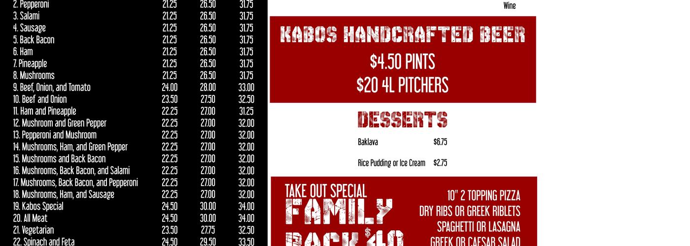 Kabos Pub and Grill Menu