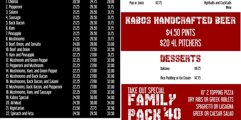 Kabos Pub and Grill Menu