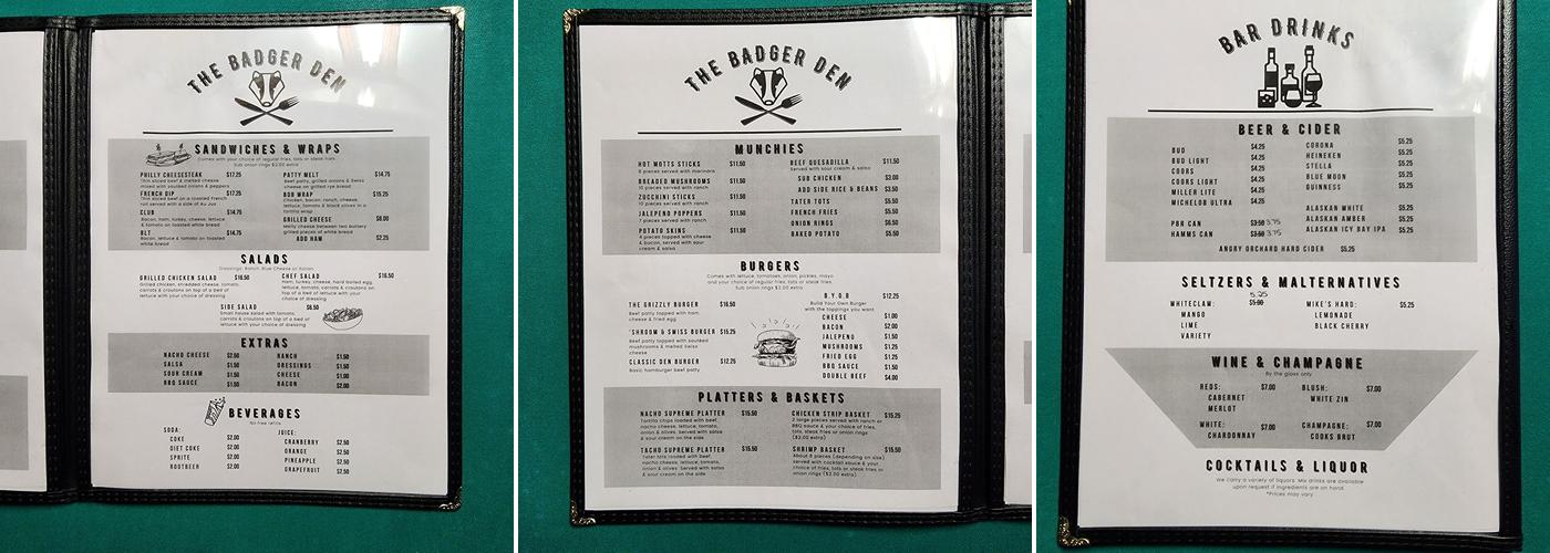 Badger Den Menu