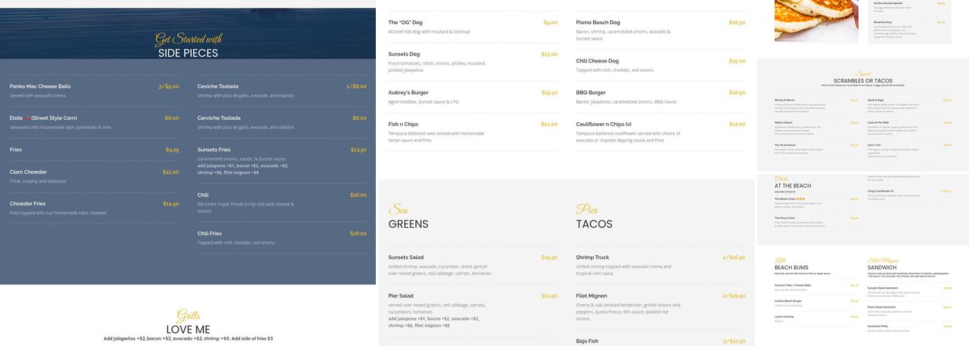 Sunsets at Pismo Menu