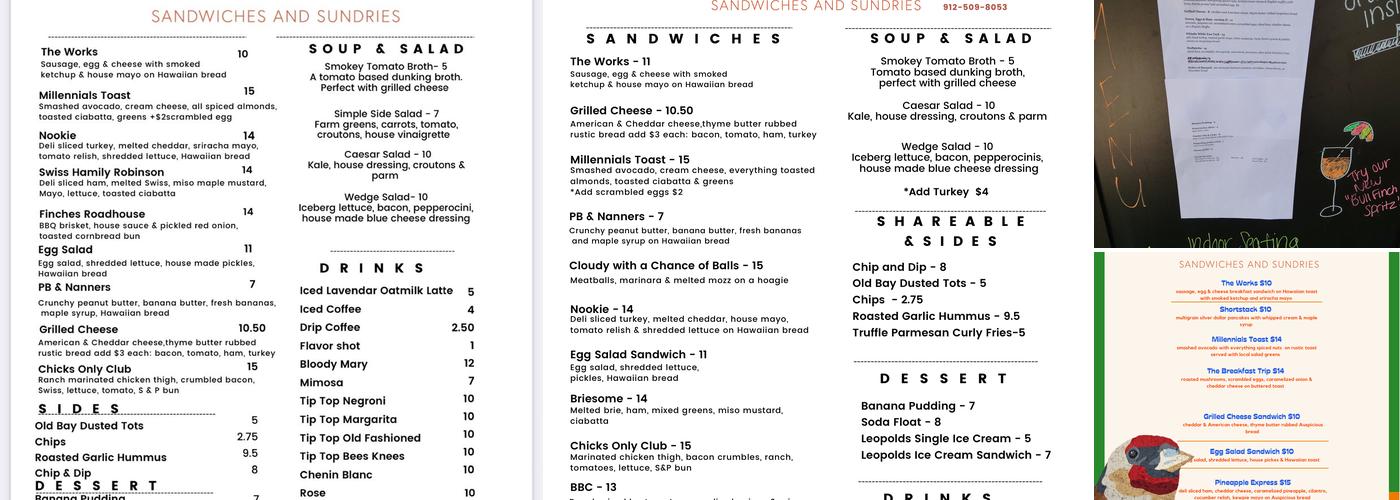 Finches Sandwiches & Sundries Menu